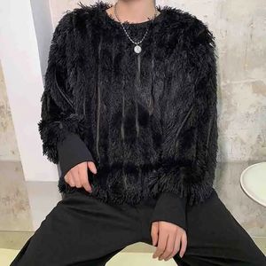 Suéteres femininos escuro e preto personalidade borla lã solta pulôver suéter masculino moda coreana cabelo longo veludo versátil casaco de fundo outono 231110