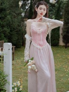 Casual Dresses 2023 Summer French Elegant Vintage Strap Dress Fairy Party Princess Solid Lace Midi Cardigan Women 2 Piece Set