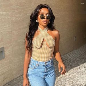 Kvinnors tankar 2023 Plaid Kvinnor Halter Hollow Out Backless Bodycon Sexig Sweet Elegant Streetwear Autumn Winter Club Corset Top Bustier