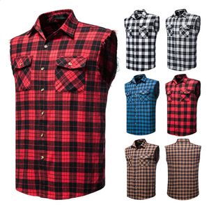 メンズベスト2023カジュアルな格子縞のシャツのノースリーブダブルポケットカウボーイボタンダウンシャツメンコットンプラスサイズのベストチェッカートップ231109