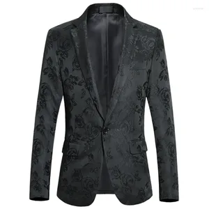 Men's Suits Floral Jacquard Pattern Men Single Button Suit Jacket Notched Lapel Plus Size Rose Embroidery Male Smart Casual Blazers Black