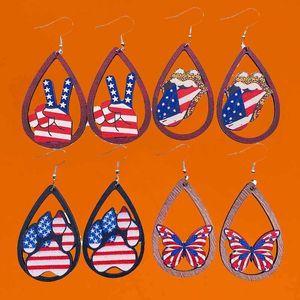 Dangle Chandelier New Independence Day Wooden Earrings Butterfly Cat Claw Lips Cutout American Flag Color Droplet Pendant Ear Ring Gift Wholesale Z0411