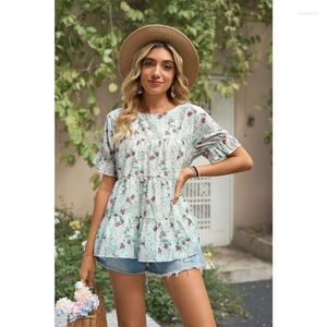 Kobiety dla kobiet Kobiety Puff Short Sleeve Floral Casual Ruffle Szyfonowe bluzki peplum top