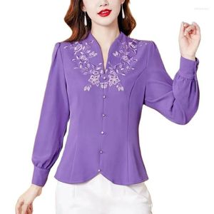Women's Blouses 2023 Design Sense Spring And Summer Purple Shirt Female Long Sleeve Noble Fashionable Middle-Aged Lady Embroidered Blouse