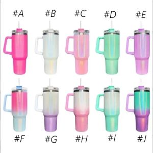 10 Colors Stainless Steel Car Shimmer Tumblers Sublimation Glitter 40oz Travel Coffee Mugs With Colorful Removable Handles Lids