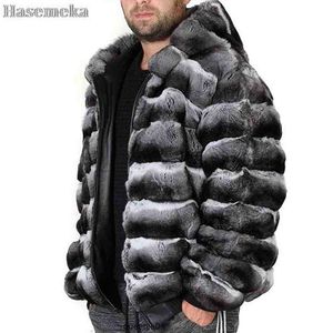 Fur Coat Men Jacket Winter Fashion Hooded Warm Real Rex Rabbit Outwear Zipper Closure Plus Size Customized