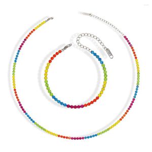 Pulseiras de charme colorido colar de tenista pulseira conjunto de jóias de aço inoxidável feminino