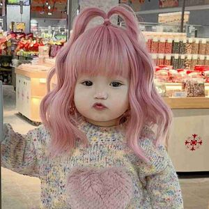 Men's Children's Wigs Children's Wig Girl Pink Medium Length Curly Hair Baby Bubble Face Hairstyle Baby Cute Reborn Doll Accessories Kids Head Cover YQ231111