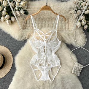 NXY HOLLOW OUT SENSUAL LACE ROMPERS Women Streetwear Mesh Slim Short Playsuits Ladies Drawstring Erotic Underwear Bodysuit 230328