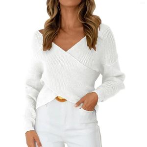 Women's Sweaters Women Casual V Neck Long Sleeve Wrap Front Off Shoulder Asymmetric Hem Knitted Crop Solid Pullover Over It Sweatshirt