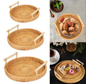 Wicker Fruit Tray Round Rattan Storage Basket Tray With Wooden Handle Bread Fruit Cake Food Plate Serving Tray for Home
