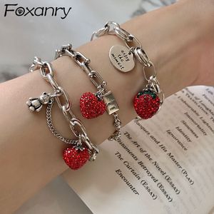 Charm Bracelets FOXANRY Silver Color Thick Chain for Women Trendy Elegant Charming Sparkling Strawberry Zircon Party Jewelry 230411