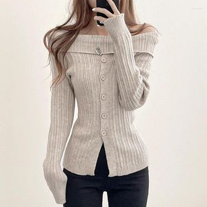 女性のセーターはセーターを編む女性と年齢を減らす1ネックのオフショルダーオフショルダーの長袖のトップシングルブレストボタンピットウエストスリミング