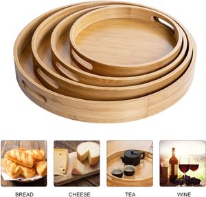 Tableware Cut Out Handles Dining Room Party Bamboo Wood Natural Round Food Storage Home Dessert Bread Serving Tray Raised Edge