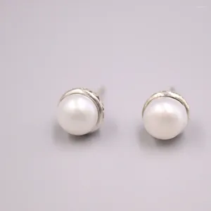 Stud Earrings Genuine Real 925 Sterling Silver With Round Mother Of Pearl 0.40inch Width