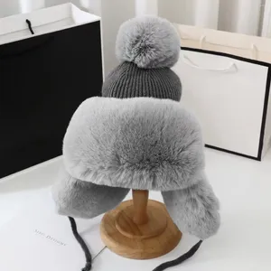 Berets Women Plush Knitted Hat Wool Ear Caps Warm Winter Cap Ski Hats Beanie Thick Add Fur Lined Casual Label Decor