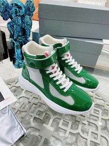 Män Autumn Casual Shoes Outdoor Sneakers Top Designer America's Cup Patent Leather High Top Sneaker Super Quality Trainers Lace Up 38-46 med Box