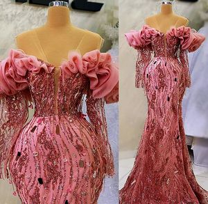 2023 april Aso Ebi Pink Mermaid Prom Dress Crystals pärlor Evening Formal Party Second Reception födelsedagsengagemang klänningar klänningar mantel de soiree zj511