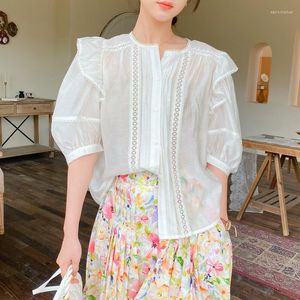 Bloups feminina Mulheres Sexy Boho 2023 Primavera Verão Vintage Ruffled Hollow Out Lace Patchwork o Neck Camisetas Elegantes Top Casual Casual