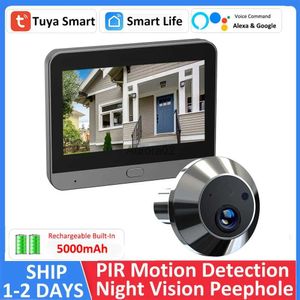 Dörrklockor Tuya Smart 1080p Mini Digital Peephole Eye Viewer Wireless WiFi Infrared Pir Motion Detection Doorbell Door Camera Alexa Google YQ231111