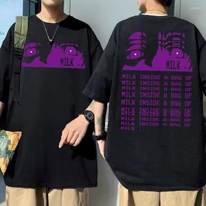 Camisetas masculinas homens mulheres tee cool mashion streetwear dupla lados leite gráfico dentro de um saco de camiseta de anime Os olhos de camiseta impressa