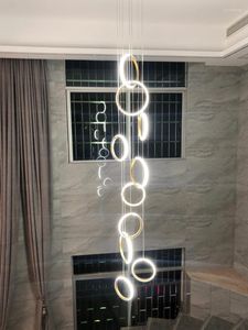 Chandeliers Round Ring Shape Pendant Staircase Chandelier Duplex Villa Loft Lamp Living Room Restaurant Island Ceiling Light