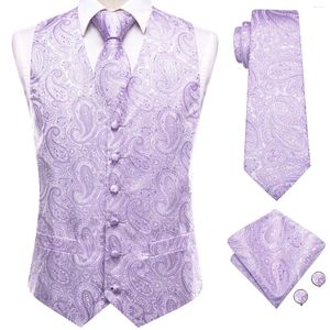 Erkek yelekleri açık mor ipek paisley kravat mendil manşet manşetleri kolu takım elbise yelek setleri düğün tasarımcı hediyesi hi-tie