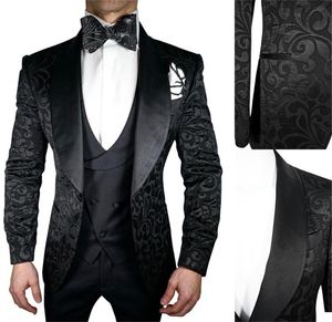 Erkekler Suits Blazers 3 Parçası Siyah Erkekler Jakar Yüksek Kaliteli Düğün Smokin Tepeli Yakıt Blazer Pant Yelek Terlenmiş Resmi Erkek Giyim