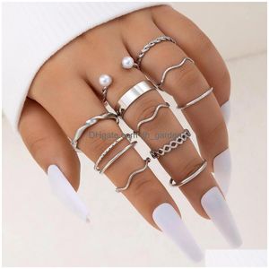 Pierścienie klastrowe proste styl Sivler Color Pierścień Pierścienia dla kobiet mężczyzn Hip Hop Pearl Kamień Biżuteria Otwarcie 11pcs/Zestawy Drop de dhgarden dhqow