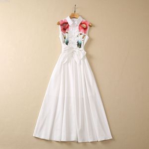 European and American womens clothes 2023 summer new lapel Floral print belt sleeveless fashion Pleated Dress XXL