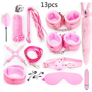 Cockringe Sexy Leder BDSM Kits Plüsch Bondage Set Handschellen Spiele Peitsche Knebel Nippelklemmen Spielzeug für Paare Exotische Accessoires 230411