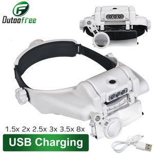 Büyüteçler USB Şarj Edilebilir Camlar Loupe Watchmaker Onarım Aracı Gözlükleri Büyüteç LED Bant Büyüteç 1.5x 2x 2.5x 3x 3.5x 8 230410