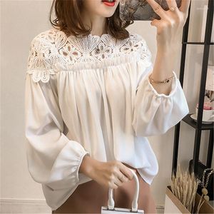 Blouses feminina verão sexy campa de malha de renda bordando retalhos de retalhos mulheres casuais mangas compridas tops de chiffon blusas soltas samas femininas blusas