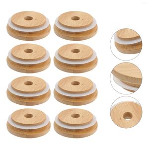 Dinnerware Sets 8 PCs Coffee Cup Lid Glass Jar Wood Reusable Bamboo Caps Storage Jars Lids Wide Mouth Canning Candy Sippy Mason