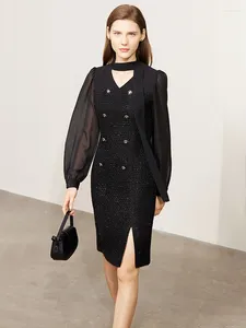 Vestidos casuais amii minimalismo 2023 vestido de primavera para mulheres fragrância slim a-line escritório senhora v-pescoço sólido preto feminino vestidos 72341050