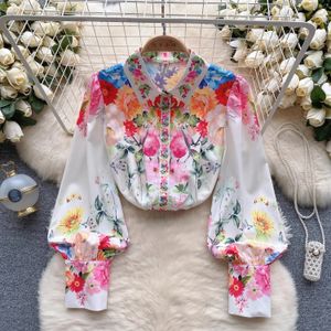 Camisas femininas 2024 Novo camisa de flores de feriado de outono Tops Runway Women Women Sonere de lapela colar de peito de lanterna floral de peito de peito floral blusas