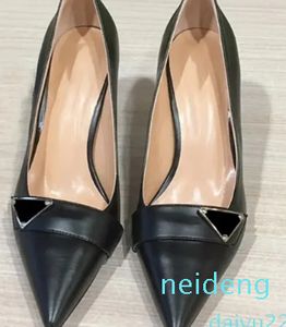 Autumn New Formalamous Women Designer Brand High Heel Genuine Leather Metal Triangle Pointed Tip Shallow Mouth Thin Heel Baotou Elevated Ladies Shoe