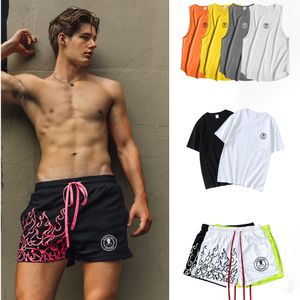 男性Sショーツスポーツフィットネス通気性炎プリントラウンドネック半袖Tシャツ夏のトレーニングタンクトップブランド衣類230411