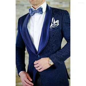 Ternos masculinos Men Men feito com xale de lapela Man Pattern Navy Blue Groom Tuxedos Wedding/Prom 2 peças (calça de jaqueta gravata) E99