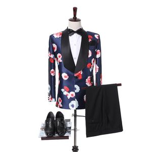 Mäns kostymer blazrar 2st bröllop brudgum tuxedos blommor mönster smal passform män jacka byxor glänsande tyg manlig mode blazer kostym set