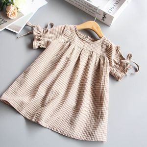 Girls Dresses Vintage Baby Shirts Cotton Kids Linen Loose Tops Summer Plaid Oneck Short Sleeve Princess 05 Y 230410