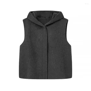 Women's Vests CO 2023 Fashion Two-color Casual Double-sided Woolen Zipper Hooded Vest Top Retro Sleeveless Chic