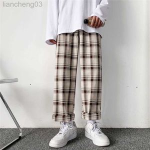 Men's Pants HOUZHOU Plaid Pants Men Linens Korean Checked Trousers Male Streetwear Fashion Bottoms Summer Wide Leg Pants Harajuku Breathable W0411