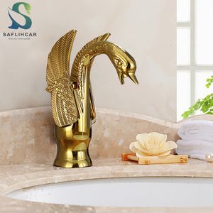 Bathroom Sink Faucets Gold Luxury Vintage Copper Swan Style Personality Fashion Deck Mount and Cold Mixer Black Basin 230410