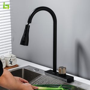 Kitchen Faucets Big Waterfall Grey Faucet Cold Brass Single Hole Tap With Temperature Scale 2 Ways Water Outlet Can Rotate 230411