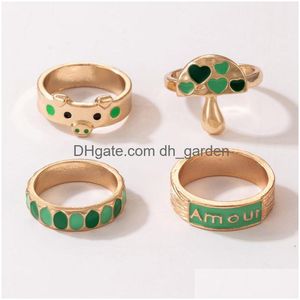 Cluster Rings Ins Fashion Amour Mushroom Pig Cute Ring Sets For Women Girls Heart Alloy Metal Party Jewelry 4Pcs/Sets Drop D Dhgarden Dhvqg