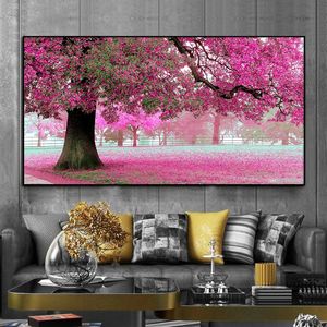 Resimler soyut pembe ağaç posterleri ve tuval üzerine baskı bitki bitki manzarası el boyalı yağlı boya duvar sanat resmi oturma odası dekor 231110