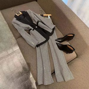 Womens Two Piece Pants Spring Autumn Vintage Checker Suit Coatmicro FLARED KOREAN ELEGANT CHIC BLAZERS JACKING MATCHING SET 231110