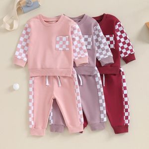 Kläduppsättningar Autumn Toddler Baby Girls Pojkar Fall Outfits Plaids Print Patchwork Långärmad tröjor