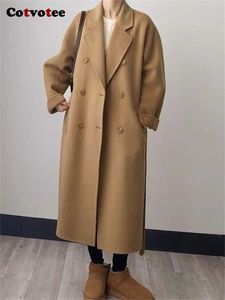 Женское полушерстяное пальто Covotee, винтажное пальто, женское осенне-зимнее модное пальто с длинным рукавом и отложным воротником, двубортное пальто 231110